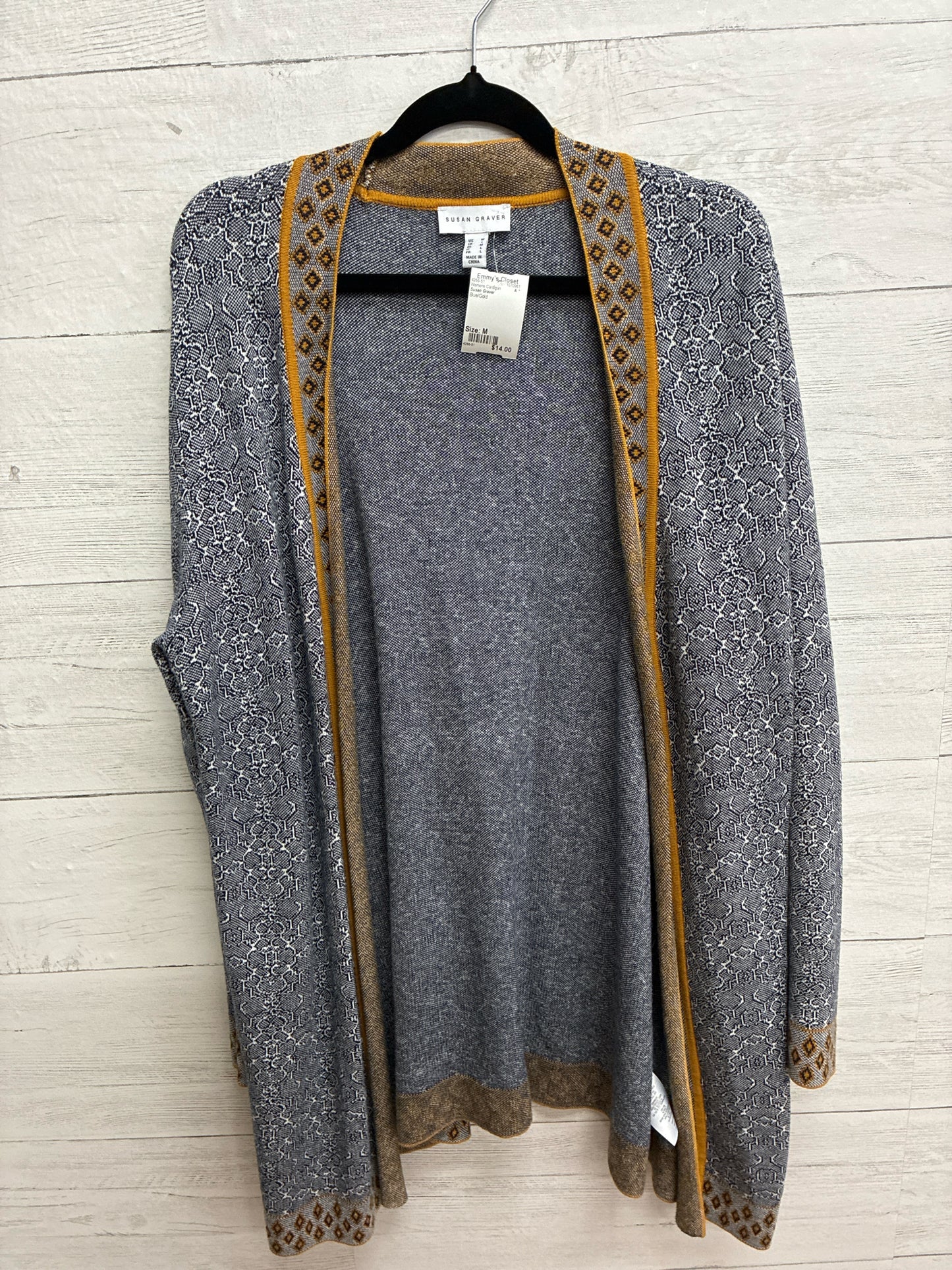 Size M Susan Graver Blue/Gold Womens Cardigan
